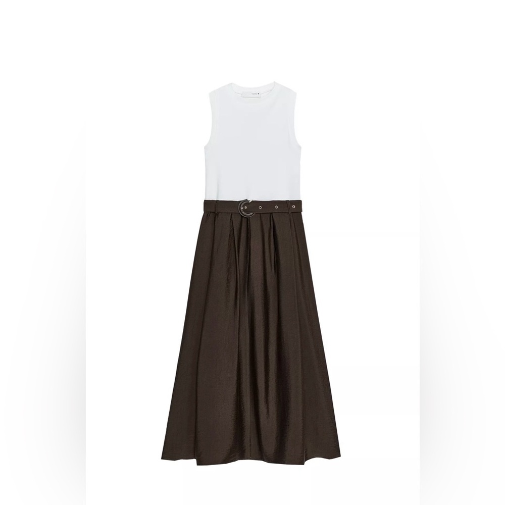 Zara Belted Combination Midi Dress Brown / White 0/5029/177
